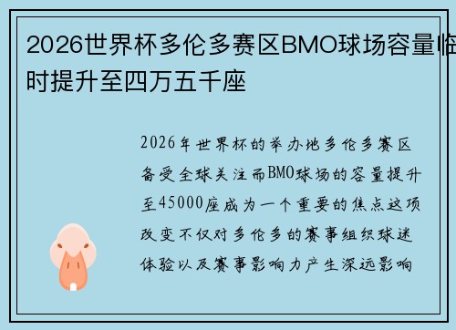 2026世界杯多伦多赛区BMO球场容量临时提升至四万五千座