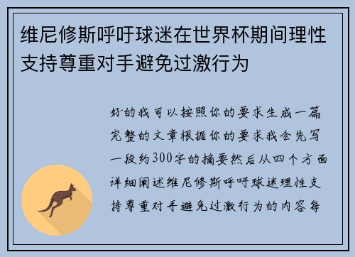 维尼修斯呼吁球迷在世界杯期间理性支持尊重对手避免过激行为