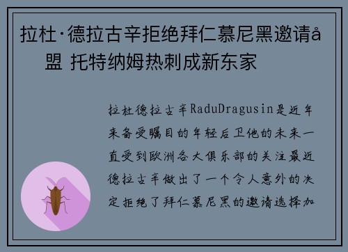 拉杜·德拉古辛拒绝拜仁慕尼黑邀请加盟 托特纳姆热刺成新东家