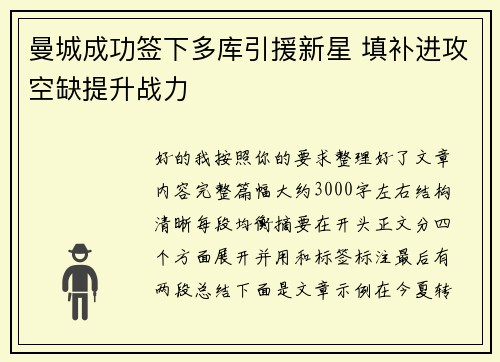 曼城成功签下多库引援新星 填补进攻空缺提升战力 曼城成功签下多库引援新星 填补进攻空缺提升战力